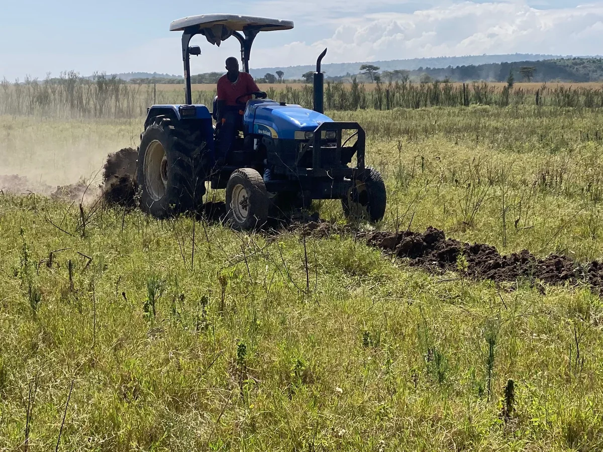 A farmer operating a tractor in a Kenyan agricultural field